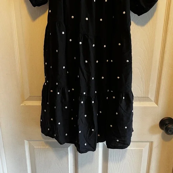 LOFT Black Polka Dot Tiered Puff Sleeve Square Neck Mini Dress Womens Medium - Picture 4 of 12